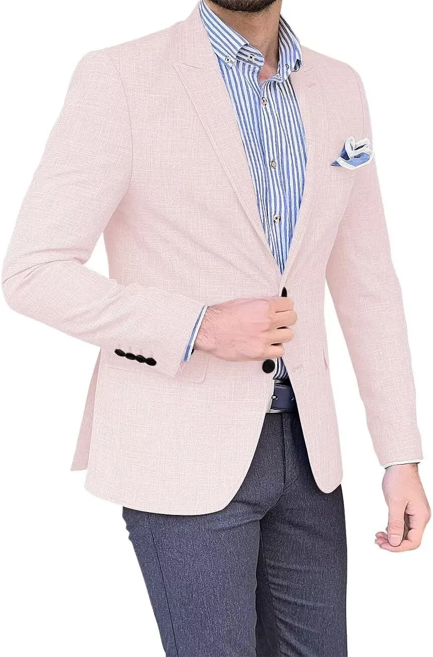 Mens Linen Suit Jackets Casual Two Button Slim Fit Blazers Suit Sport Coats for Wedding Prom Party
