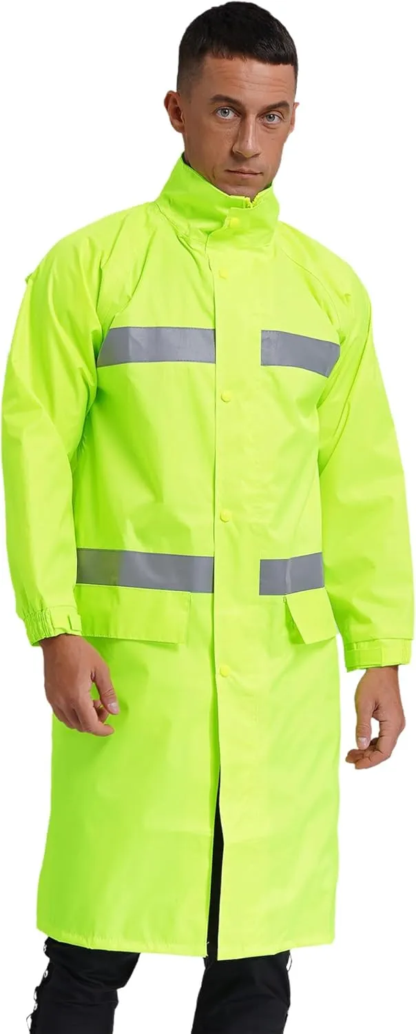 Mens Long Rain Coats Hooded Raincoats Safety Rainwear for Waterproof Work Rain Jacket Poncho