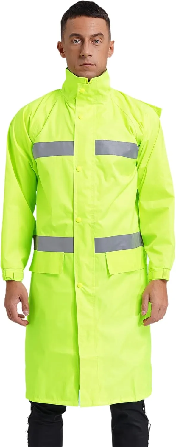 Mens Long Rain Coats Hooded Raincoats Safety Rainwear for Waterproof Work Rain Jacket Poncho