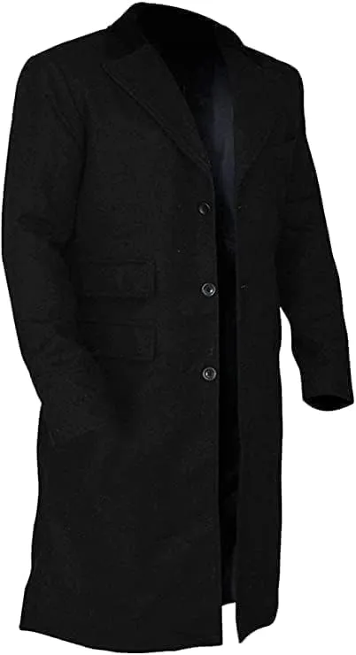 Men's New Black Black Woolen Long Trench Winter Coat Jacket