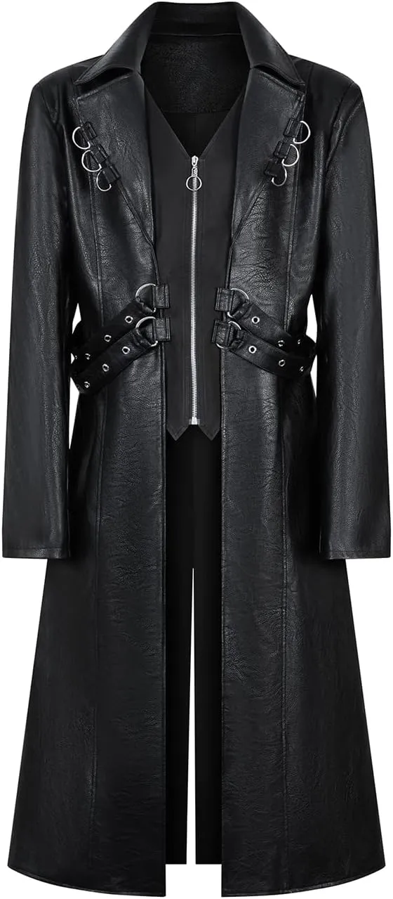 Men's Pu Leather Trench Coat Motorcycle Punk Long Zipper Jacket