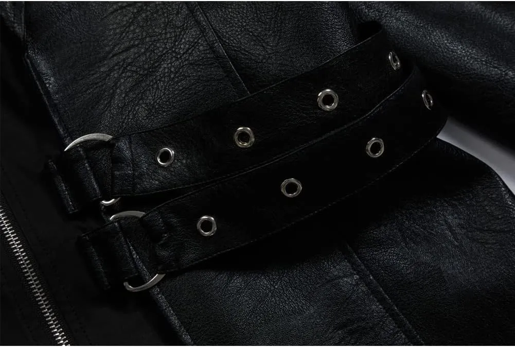 Men's Pu Leather Trench Coat Motorcycle Punk Long Zipper Jacket