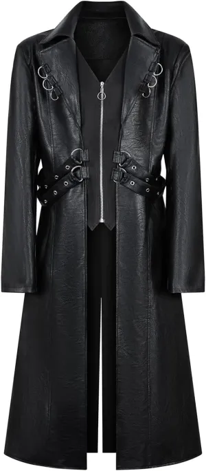 Men's Pu Leather Trench Coat Motorcycle Punk Long Zipper Jacket