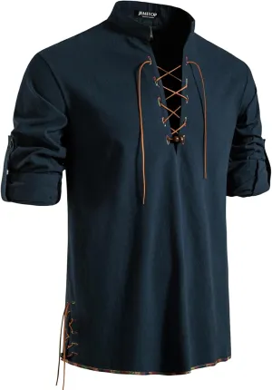 Men's Pure Cotton Retro Lace Up Shirts for Renaissance Pirate Viking Medieval