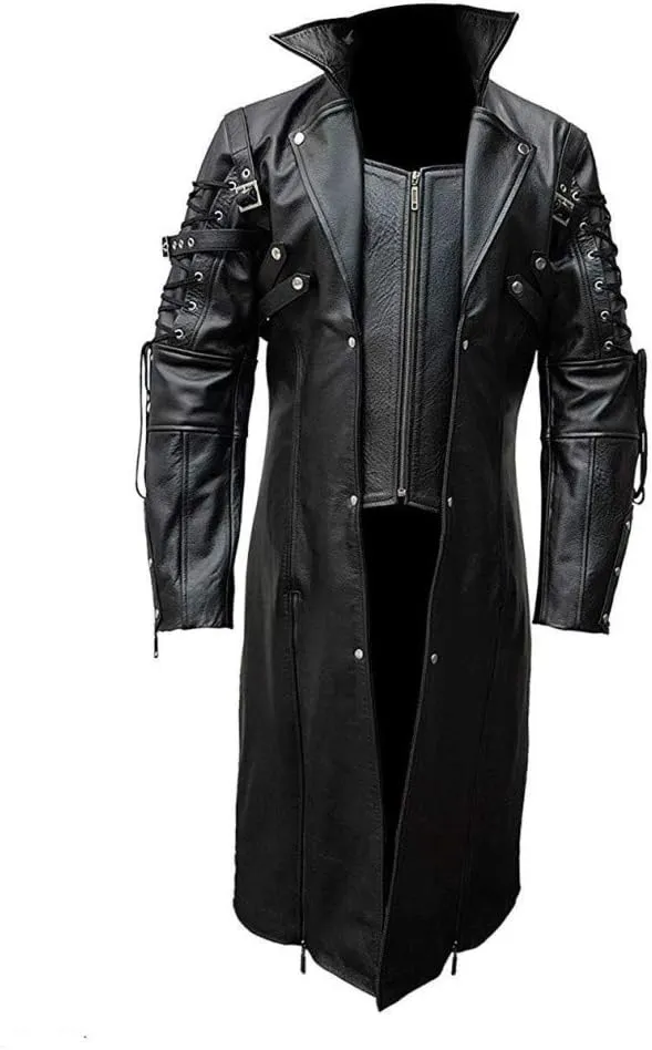 Mens Real Black Leather Coat Goth Matrix Trench Coat Gothic Steampunk Coats (Custom Real Leather)