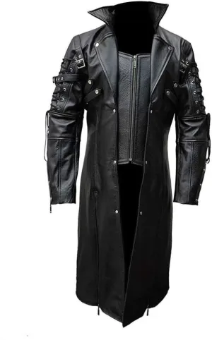 Mens Real Black Leather Coat Goth Matrix Trench Coat Gothic Steampunk Coats (Custom Real Leather)