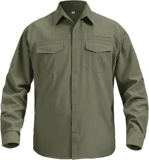 Mens Safari Sun Shirts UPF 50  UV Sun Protection Long Sleeve Outdoor Quick Dry Fishing Hiking Gardening Shirts (5051 Army Green S)