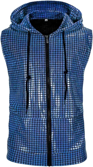 Men's Sequins Sleeveless Hooded Vest Disco Zippered Shirts 70s Disco Party Costume