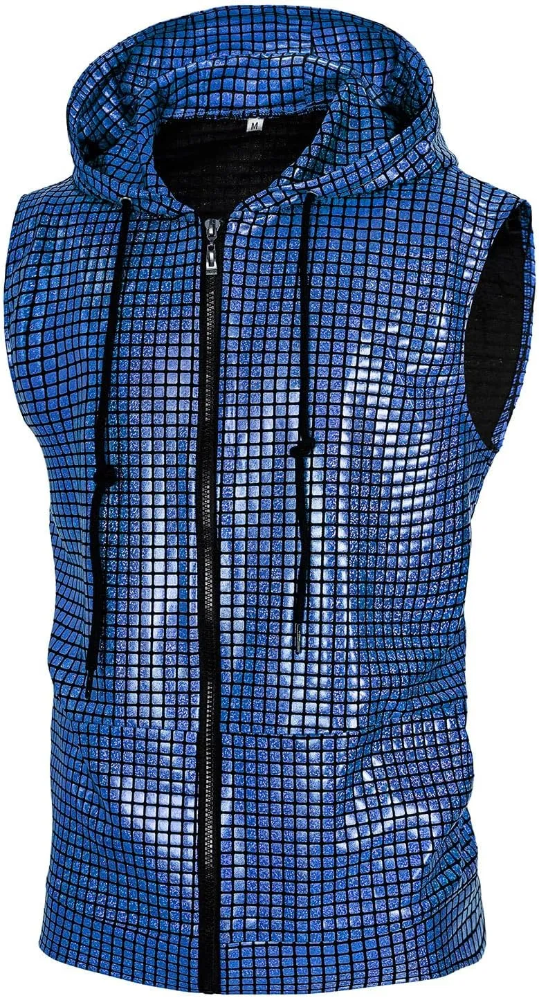 Men's Sequins Sleeveless Hooded Vest Disco Zippered Shirts 70s Disco Party Costume
