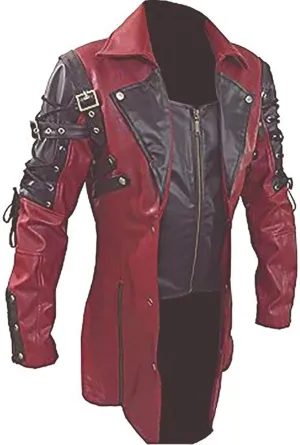 Mens Sexy RED & Black Real Leather Coat Goth Matrix Trench Coat Steampunk Gothic Leather Coats