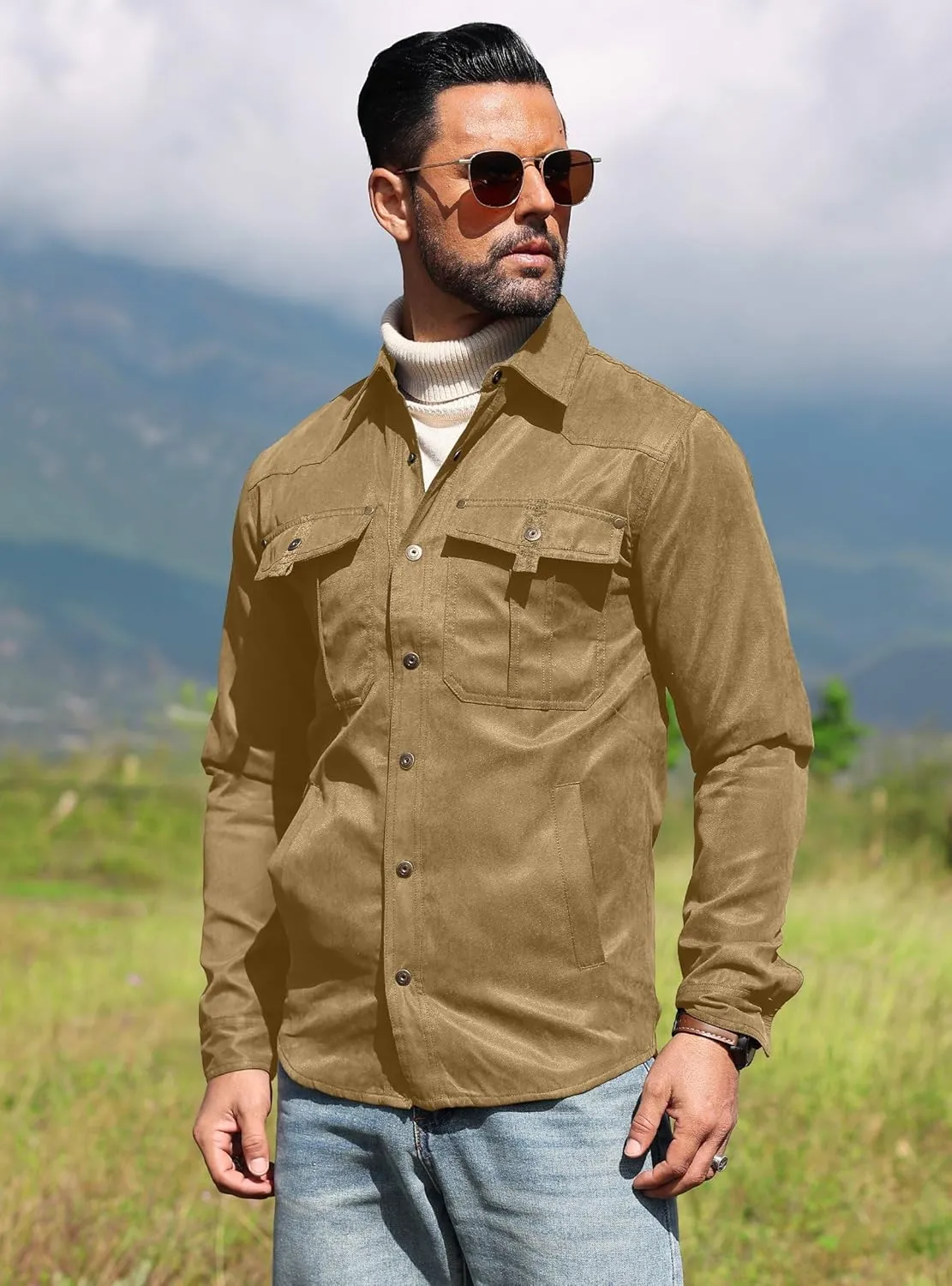 Men's Shirt Jacket Shacket with Flannel Lined Casual Snap Button Overshirt Western Cowboy Jackets Fall Clothing