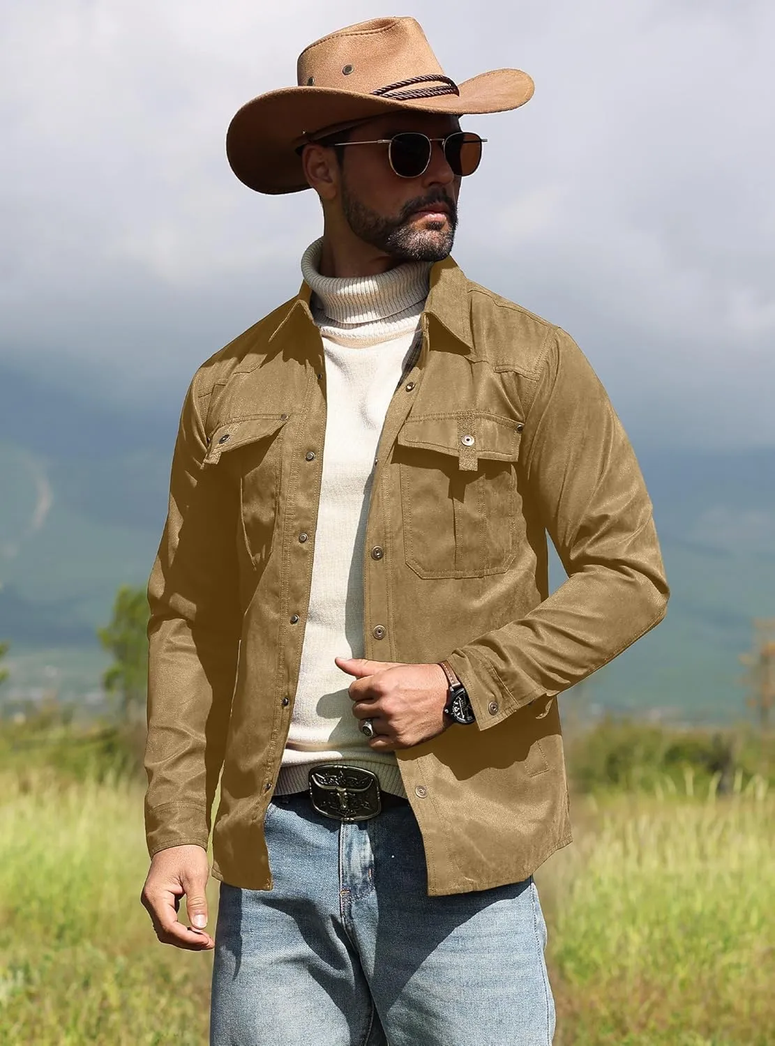 Men's Shirt Jacket Shacket with Flannel Lined Casual Snap Button Overshirt Western Cowboy Jackets Fall Clothing