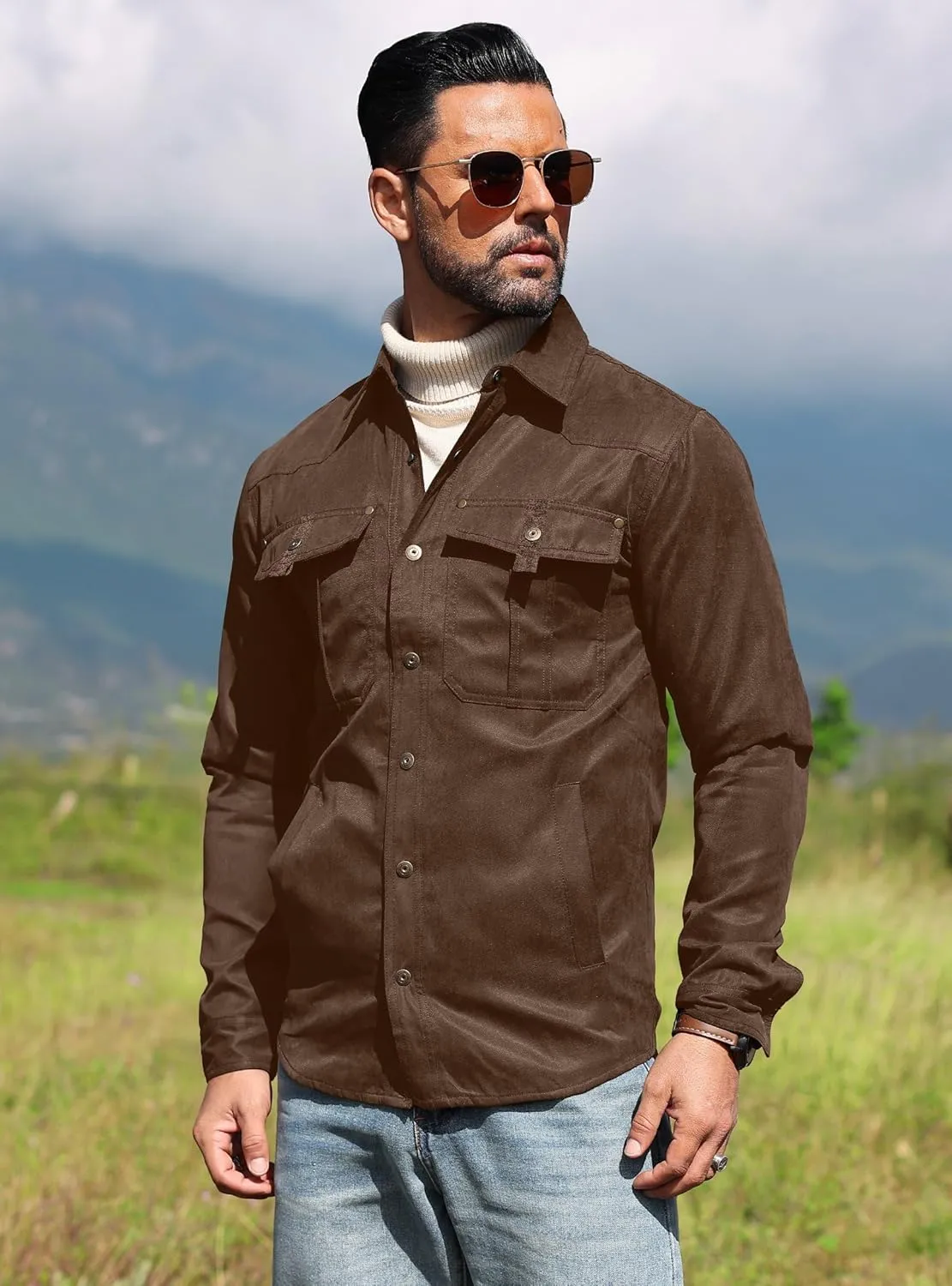 Men's Shirt Jacket Shacket with Flannel Lined Casual Snap Button Overshirt Western Cowboy Jackets Fall Clothing