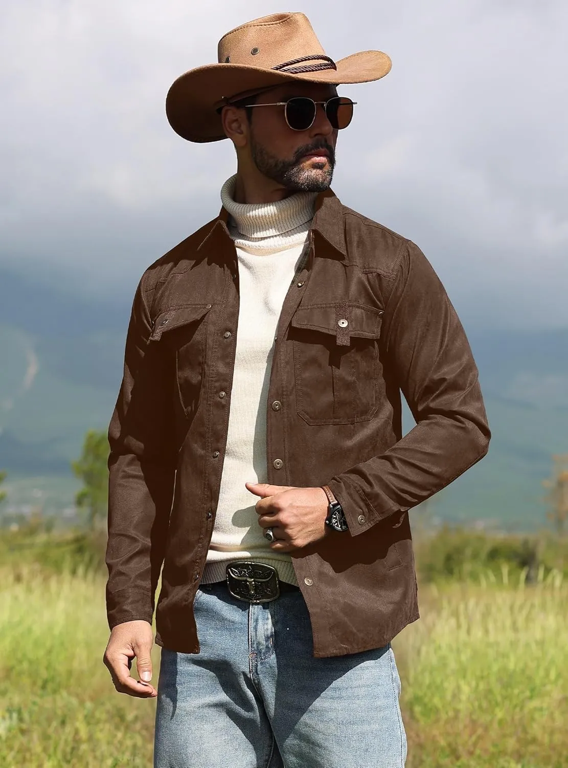 Men's Shirt Jacket Shacket with Flannel Lined Casual Snap Button Overshirt Western Cowboy Jackets Fall Clothing