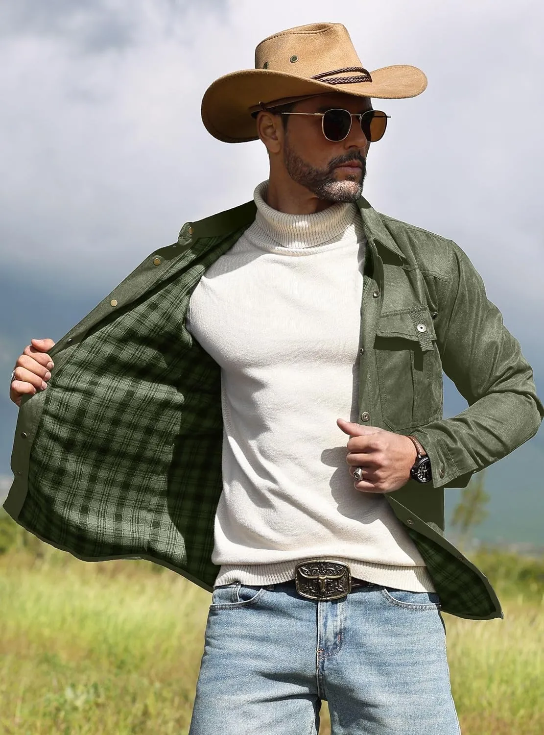 Men's Shirt Jacket Shacket with Flannel Lined Casual Snap Button Overshirt Western Cowboy Jackets Fall Clothing