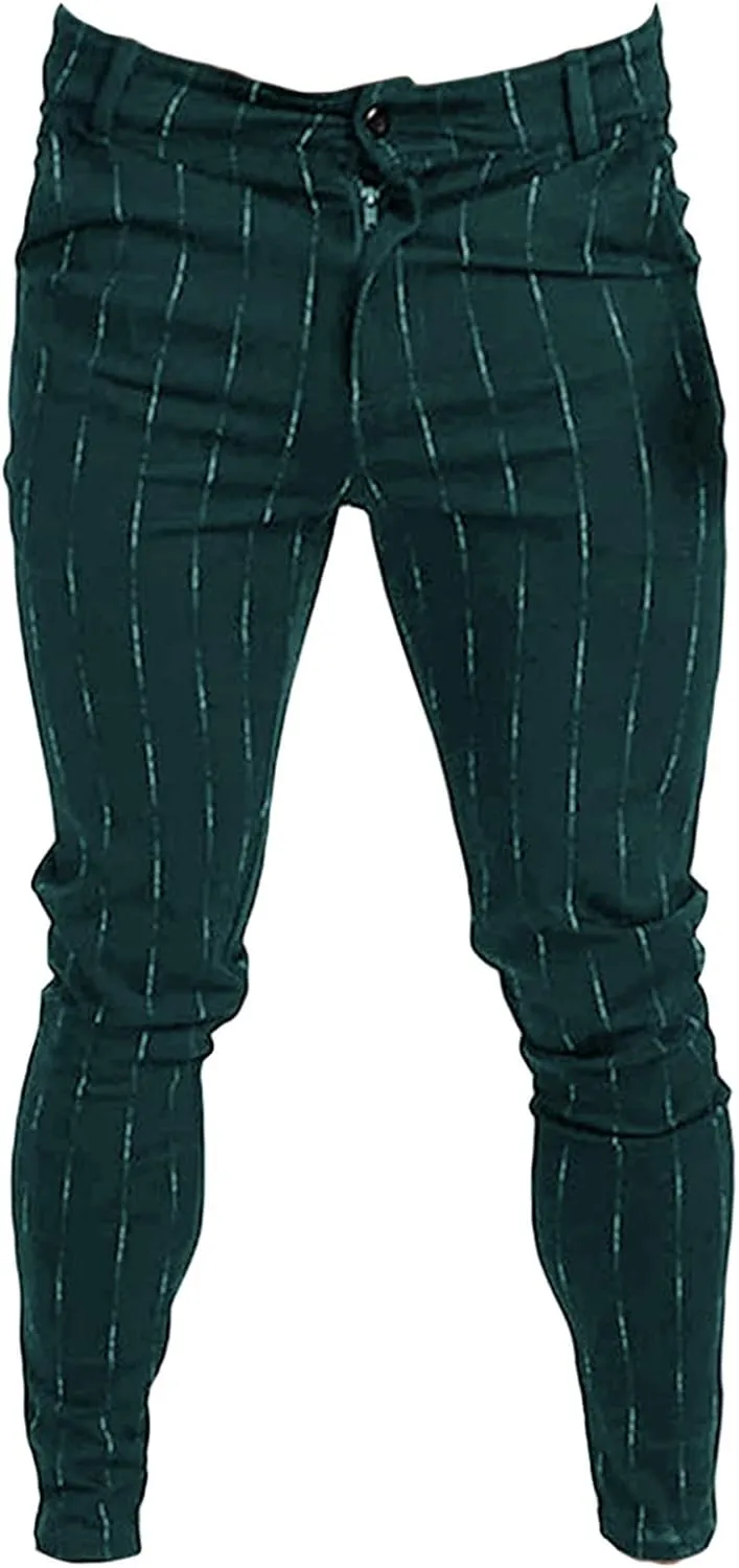 Men's Stripe Printed Dress Pants Skinny Stretch Chino Pencil Trousers Classic Slim Flat Front Golf Long Pants