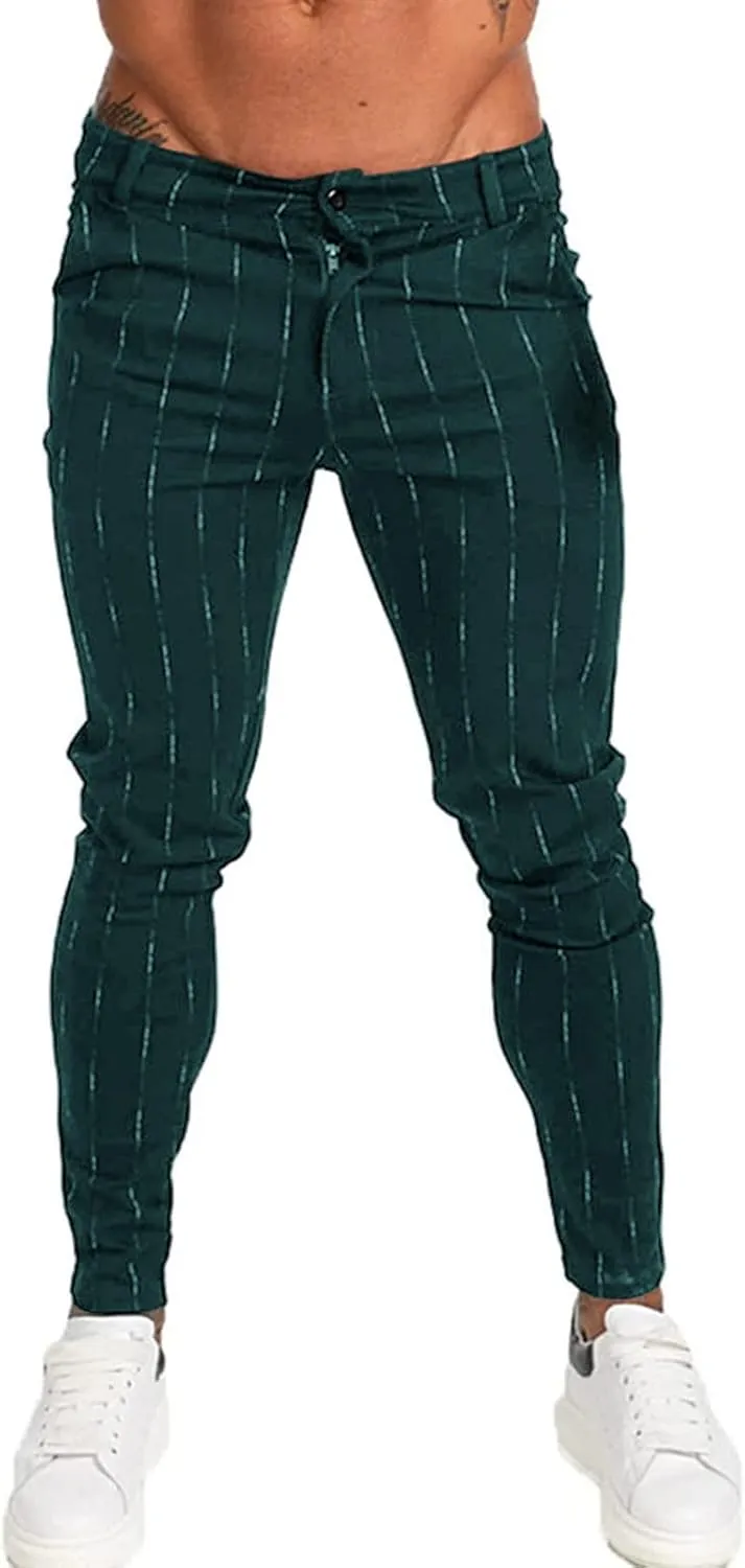 Men's Stripe Printed Dress Pants Skinny Stretch Chino Pencil Trousers Classic Slim Flat Front Golf Long Pants