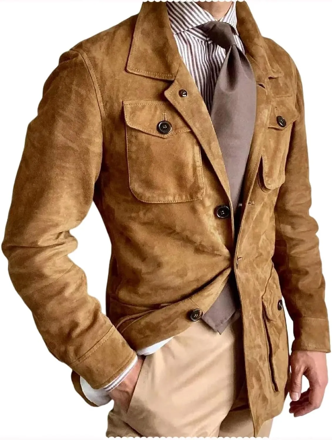 Mens Suede Leather Blazer 3 Button Coats Slim Fit Suit Jacket for Wedding Prom