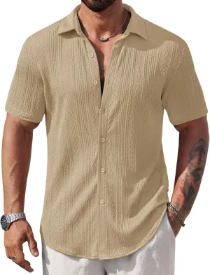 Mens Summer Textured Shirts Short Sleeve Casual Button Down Shirt Beach Vacation Tops (S-XXL)
