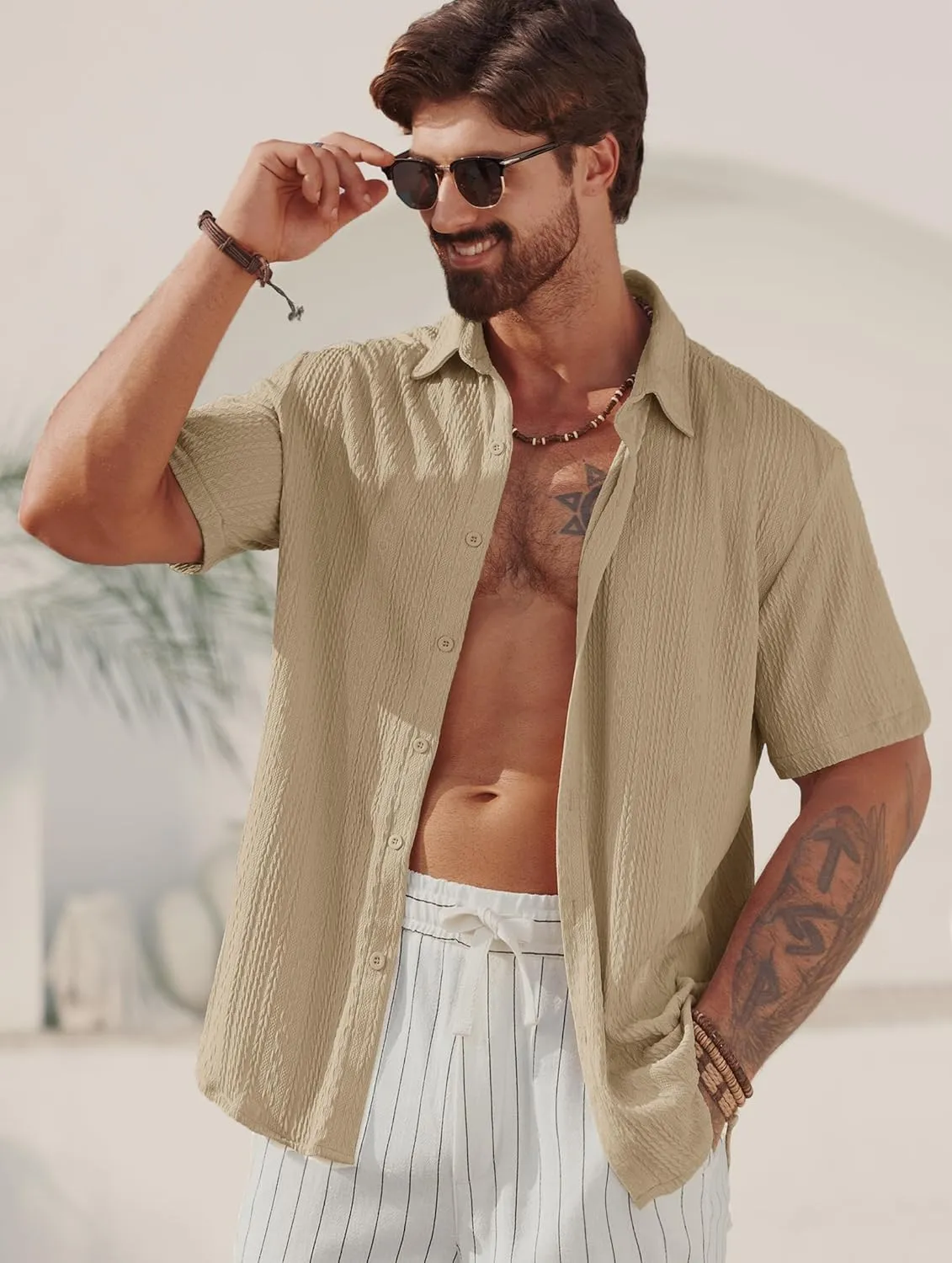 Mens Summer Textured Shirts Short Sleeve Casual Button Down Shirt Beach Vacation Tops (S-XXL)