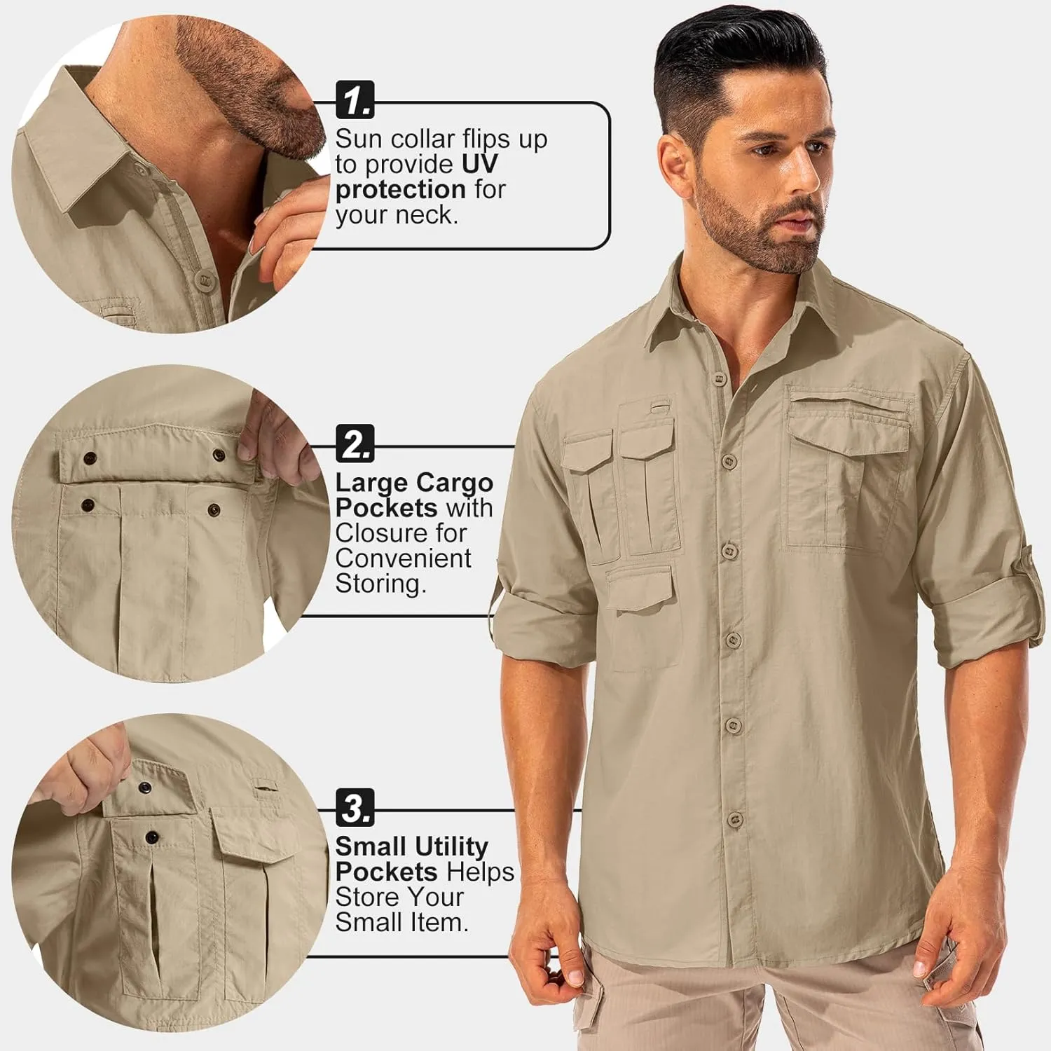Men's Sun Protection Hiking Fishing Safari Shirt Long Sleeve Outdoor Cool Quick Dry Cargo Shirts
