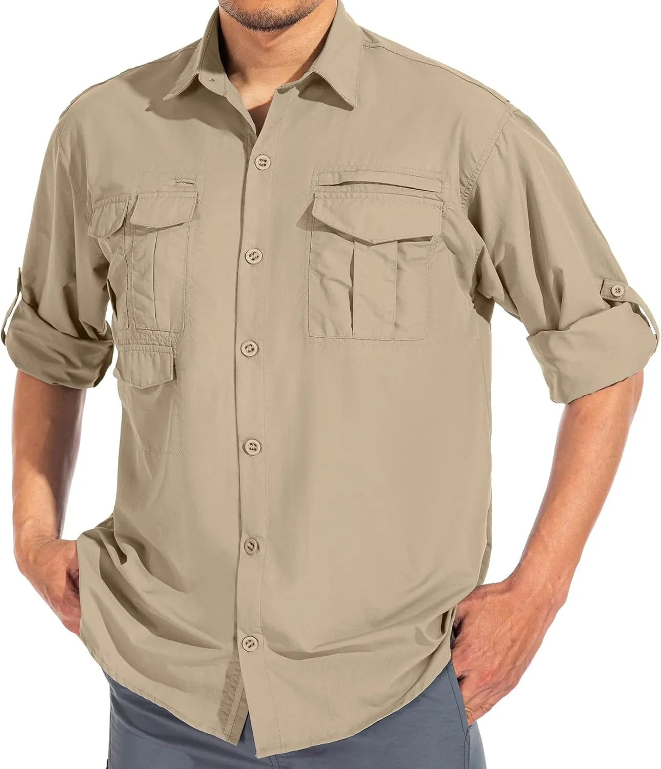 Men's Sun Protection Hiking Fishing Safari Shirt Long Sleeve Outdoor Cool Quick Dry Cargo Shirts