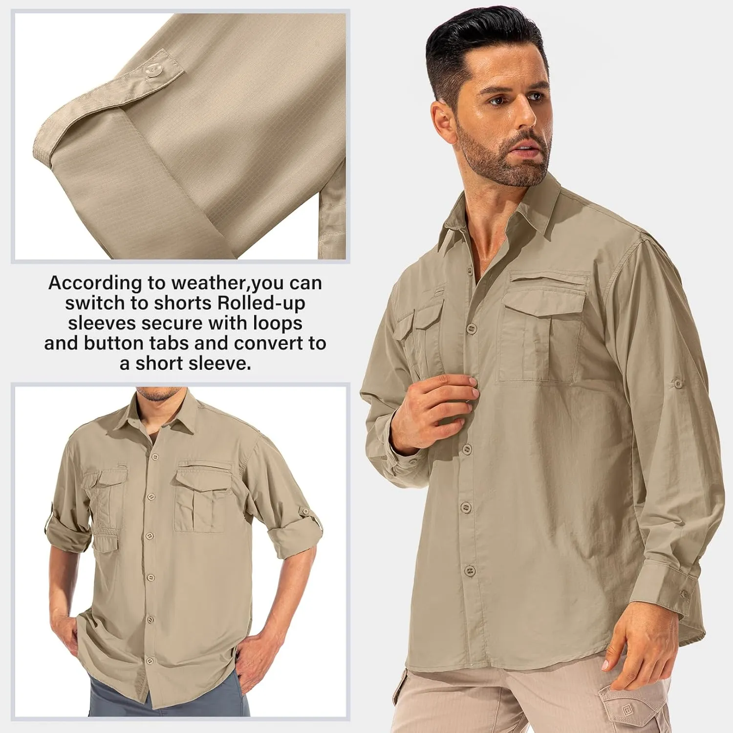 Men's Sun Protection Hiking Fishing Safari Shirt Long Sleeve Outdoor Cool Quick Dry Cargo Shirts