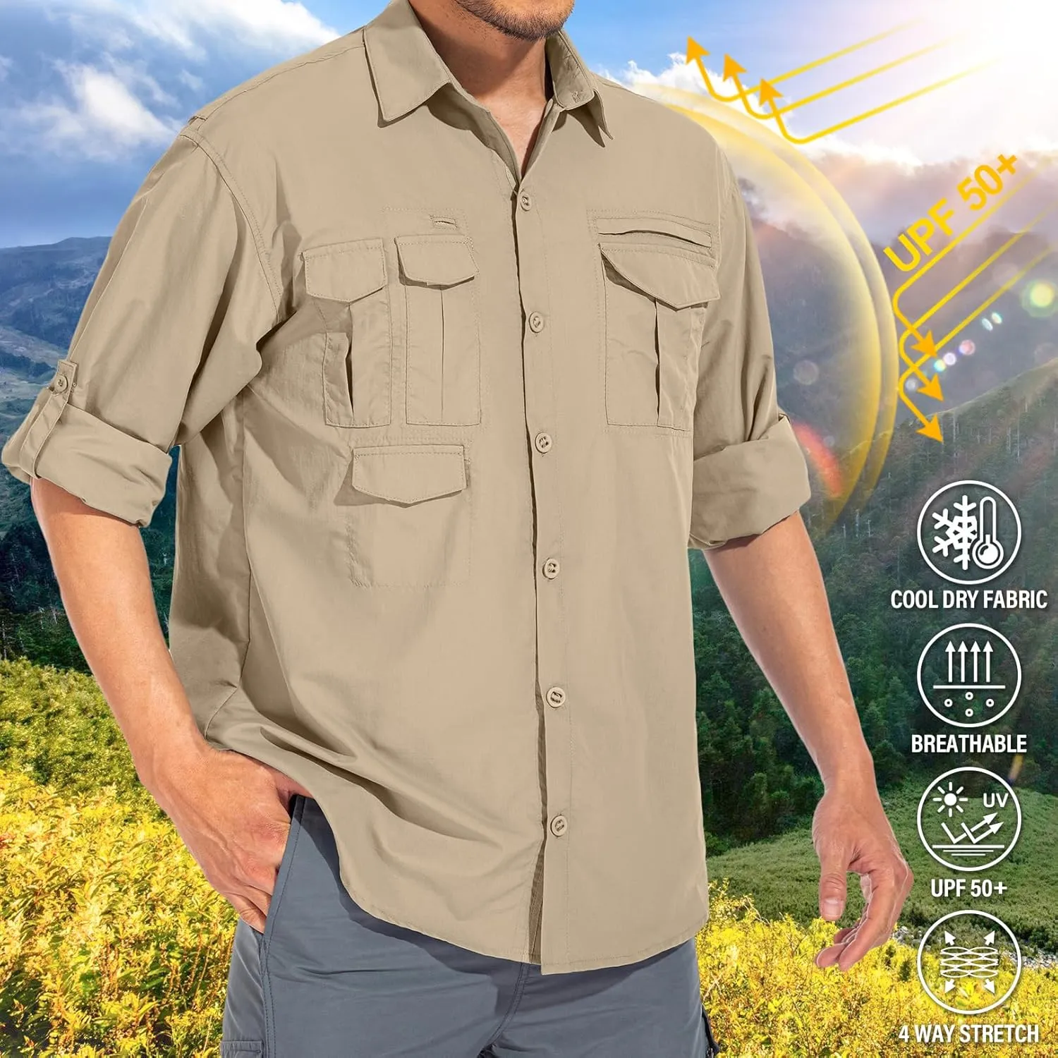 Men's Sun Protection Hiking Fishing Safari Shirt Long Sleeve Outdoor Cool Quick Dry Cargo Shirts
