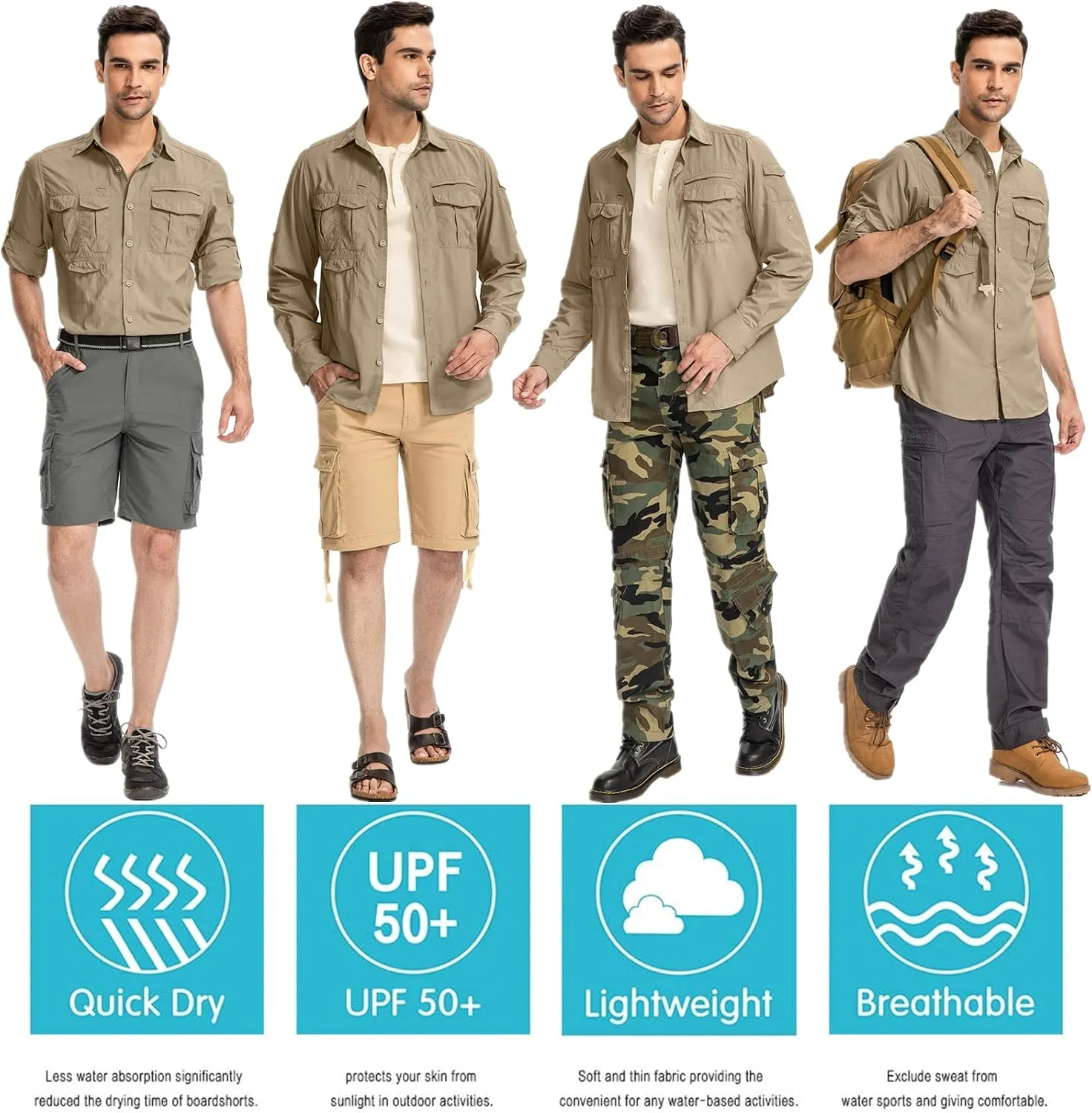 Men's Sun Protection Hiking Fishing Safari Shirt Long Sleeve Outdoor Cool Quick Dry Cargo Shirts