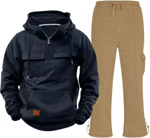 Mens Sweatsuit 2 Piece Quarter Zip Long Sleeve Tactical Hooded Drawstring Pullover Straight Leg Trousers with Pockets