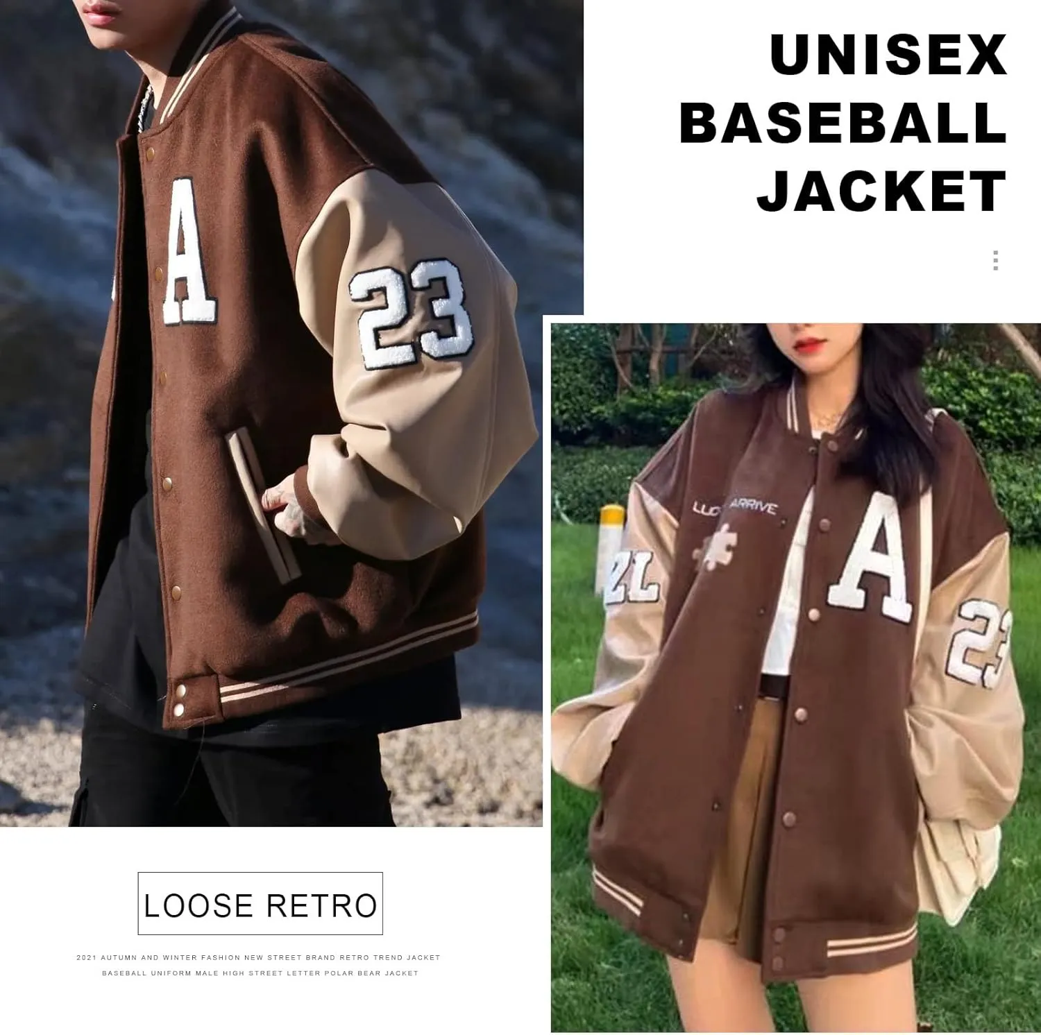 Mens Varsity College Jacket Baseball Bomber Jacket Vintage Sweatshirt Casual Unisex Streetwear Coats with Patch