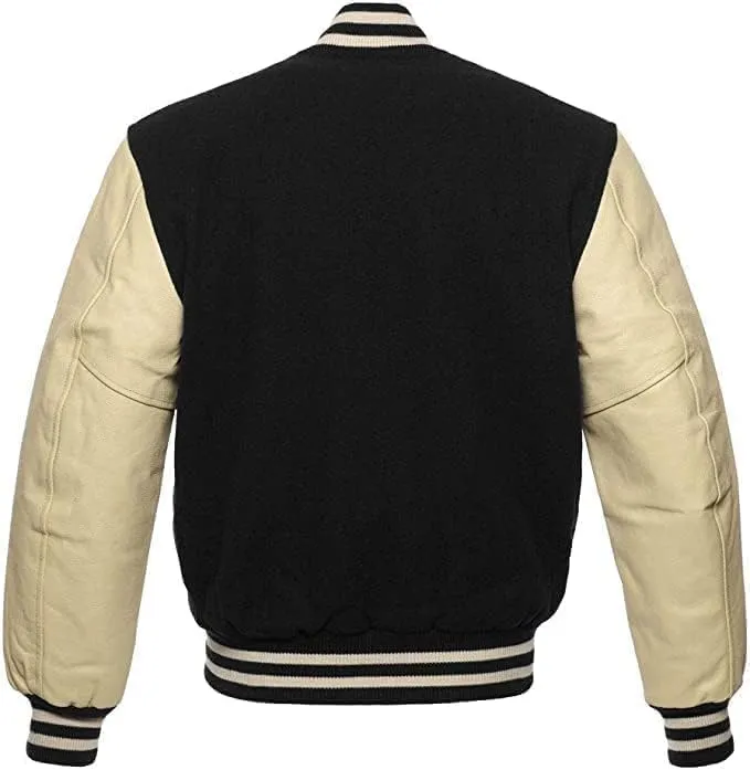 Men's Varsity Jacket, Black Leather Sleeves, Wool Body, Red Striped Trim, Quilted Insulated