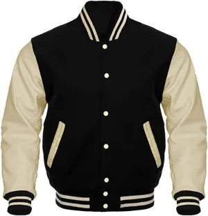 Men's Varsity Jacket, Black Leather Sleeves, Wool Body, Red Striped Trim, Quilted Insulated