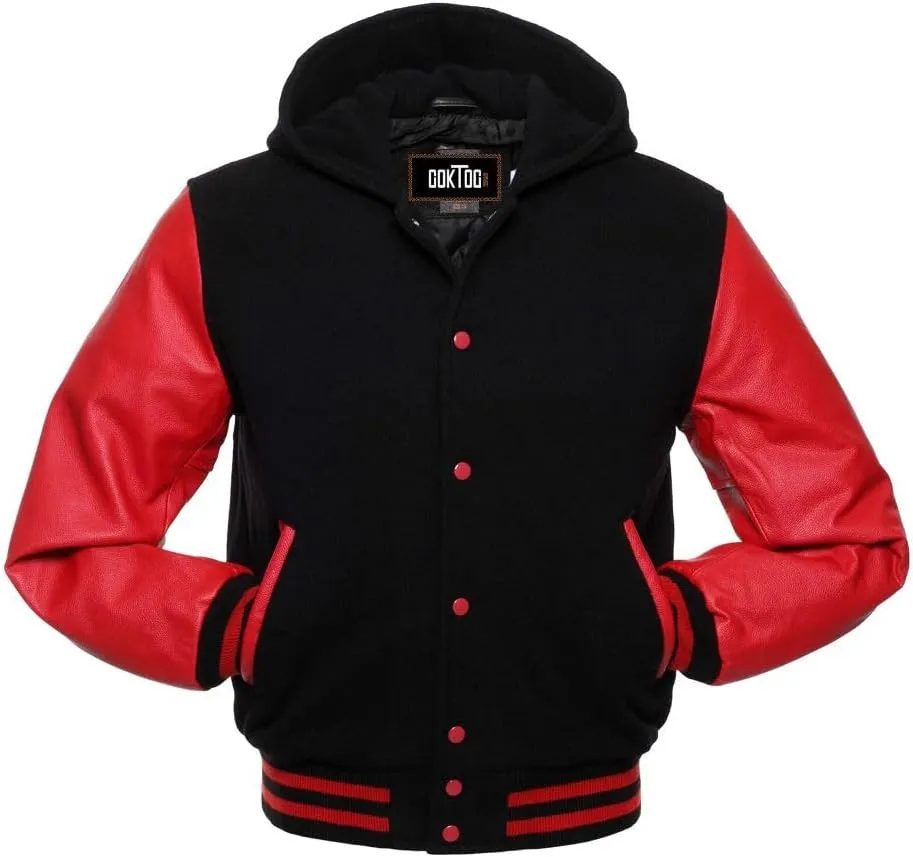 Mens Varsity Jackets Baseball Letterman Wool Body Genuine Leather Sleeves Bomber Jacket with Hood