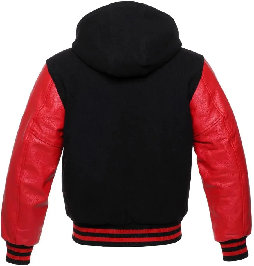 Mens Varsity Jackets Baseball Letterman Wool Body Genuine Leather Sleeves Bomber Jacket with Hood