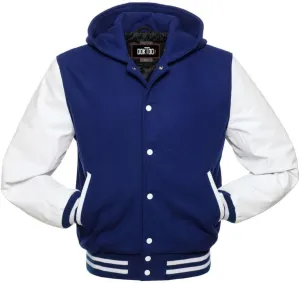 Mens Varsity Jackets Baseball Letterman Wool Body Genuine Leather Sleeves Bomber Jacket with Hood