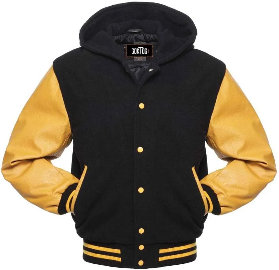 Mens Varsity Jackets Baseball Letterman Wool Body Genuine Leather Sleeves Bomber Jacket with Hood