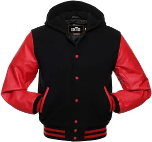 Mens Varsity Jackets Baseball Letterman Wool Body Genuine Leather Sleeves Bomber Jacket with Hood