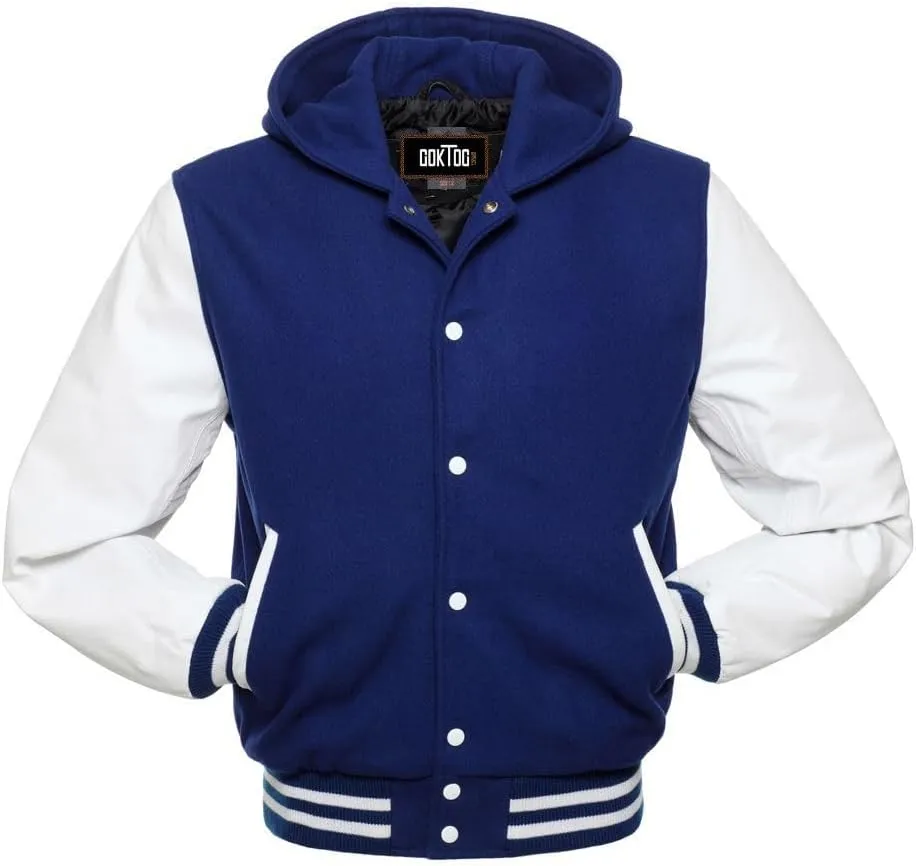 Mens Varsity Jackets Baseball Letterman Wool Body Genuine Leather Sleeves Bomber Jacket with Hood