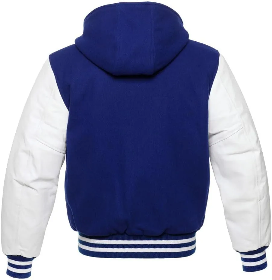 Mens Varsity Jackets Baseball Letterman Wool Body Genuine Leather Sleeves Bomber Jacket with Hood