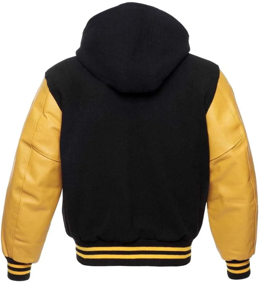 Mens Varsity Jackets Baseball Letterman Wool Body Genuine Leather Sleeves Bomber Jacket with Hood