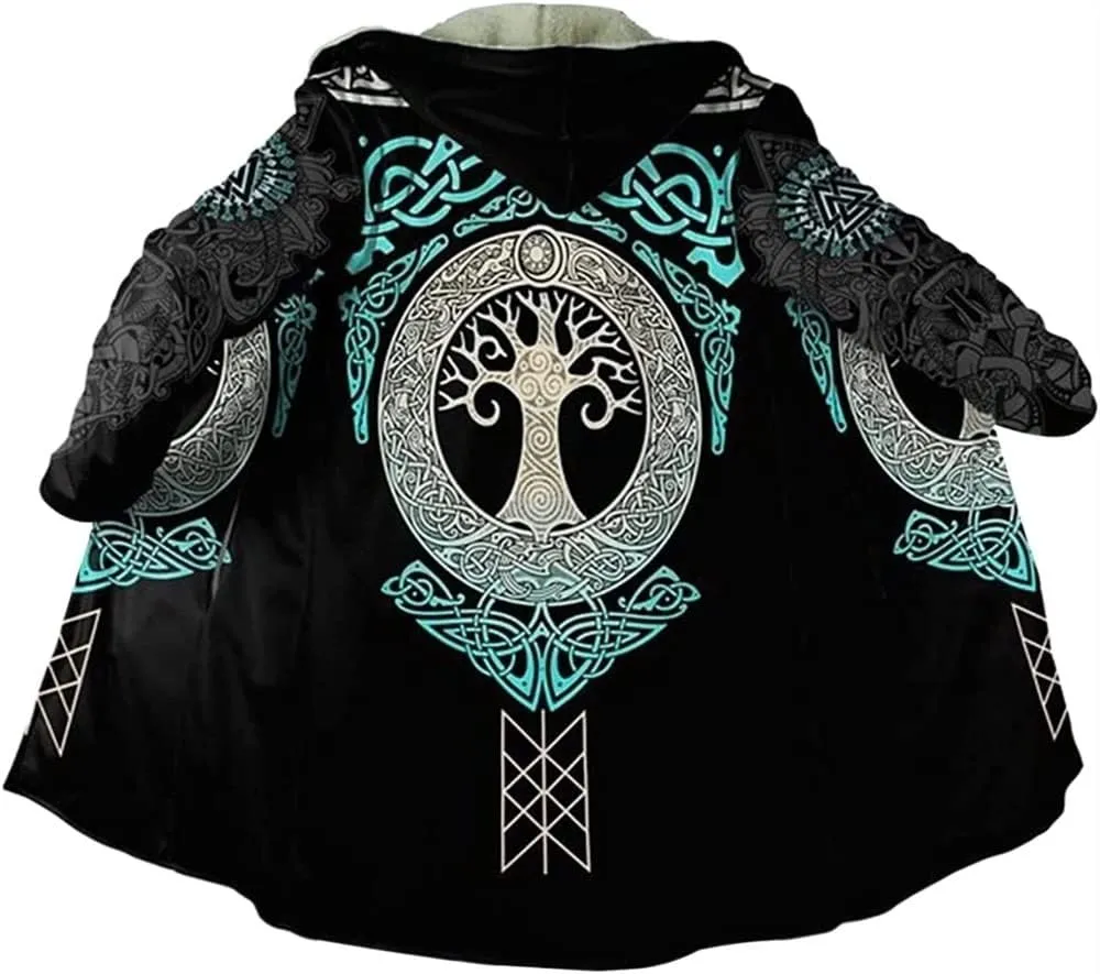 Mens Viking Hooded Coats Novelty Unisex Cloak Norse Vegvisir And Tree Of Life Tattoo Hooded Poncho Thick Warm Overcoat