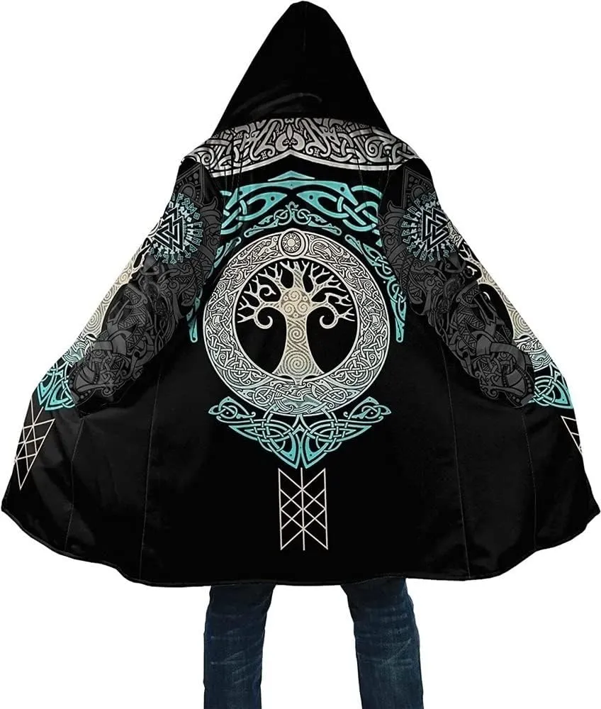 Mens Viking Hooded Coats Novelty Unisex Cloak Norse Vegvisir And Tree Of Life Tattoo Hooded Poncho Thick Warm Overcoat