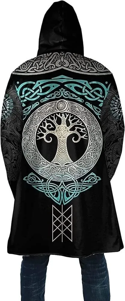 Mens Viking Hooded Coats Novelty Unisex Cloak Norse Vegvisir And Tree Of Life Tattoo Hooded Poncho Thick Warm Overcoat