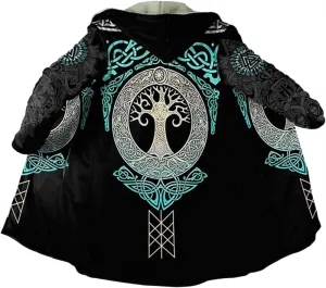 Mens Viking Hooded Coats Novelty Unisex Cloak Norse Vegvisir And Tree Of Life Tattoo Hooded Poncho Thick Warm Overcoat