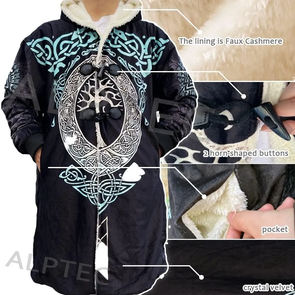 Mens Viking Hooded Coats Novelty Unisex Cloak Norse Vegvisir And Tree Of Life Tattoo Hooded Poncho Thick Warm Overcoat