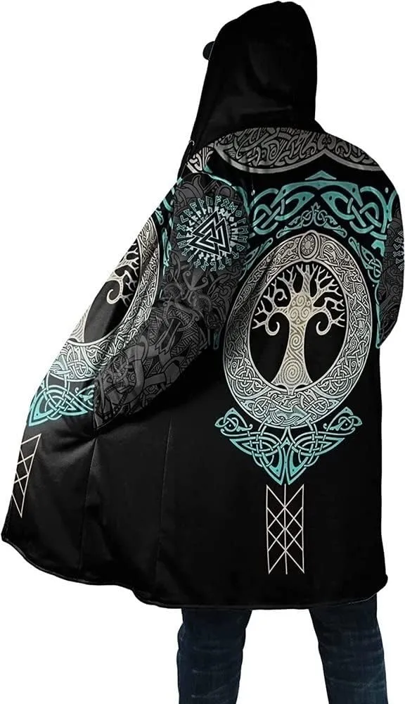 Mens Viking Hooded Coats Novelty Unisex Cloak Norse Vegvisir And Tree Of Life Tattoo Hooded Poncho Thick Warm Overcoat