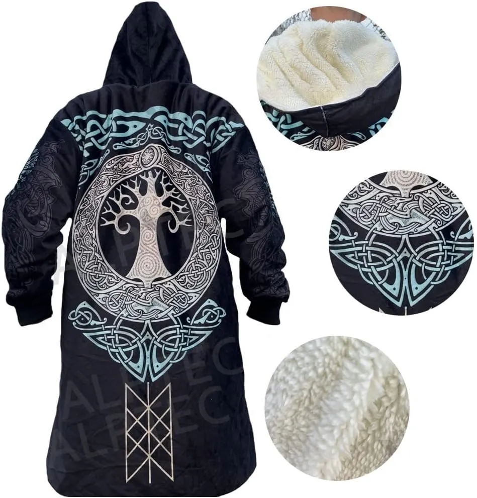 Mens Viking Hooded Coats Novelty Unisex Cloak Norse Vegvisir And Tree Of Life Tattoo Hooded Poncho Thick Warm Overcoat