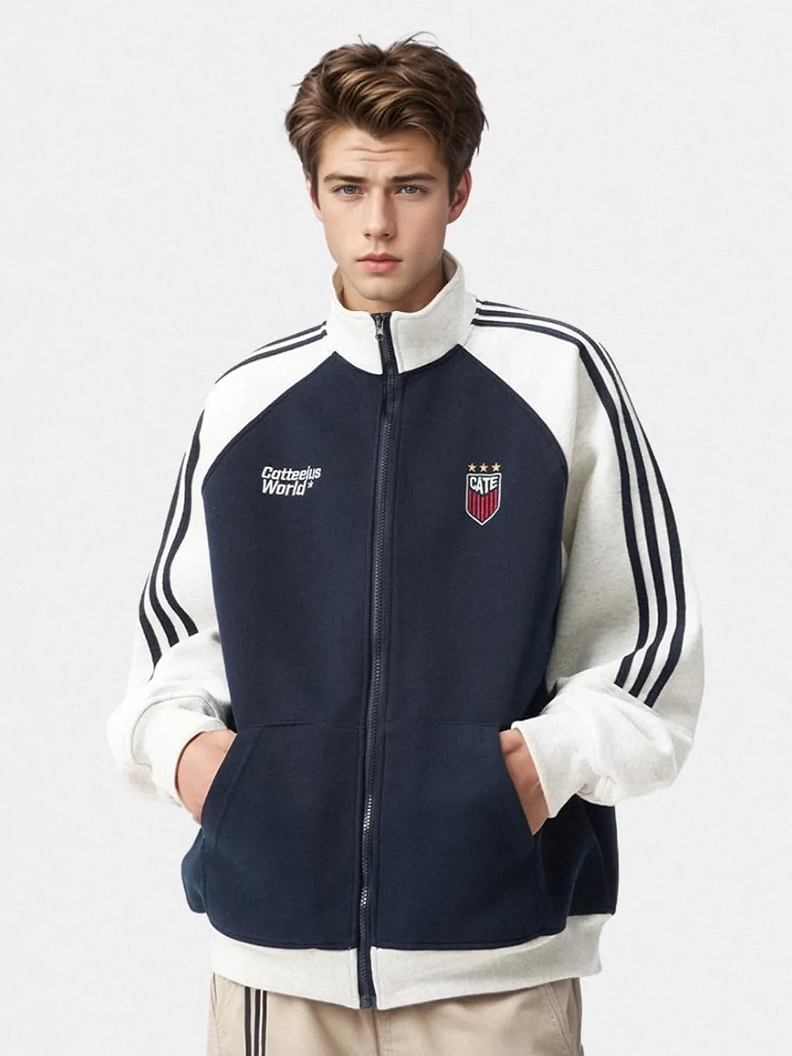 Men's Women's Oversized Zip Up Color Block Mock Neck Hoodies Sweatshirt Letter Graphic Varsity Jacket