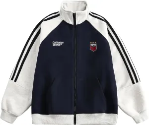 Men's Women's Oversized Zip Up Color Block Mock Neck Hoodies Sweatshirt Letter Graphic Varsity Jacket